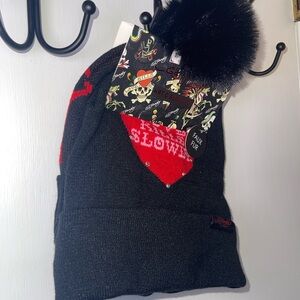 NWT Ed Hardy Cozy Black and Red Beanie with Pom-Pom
